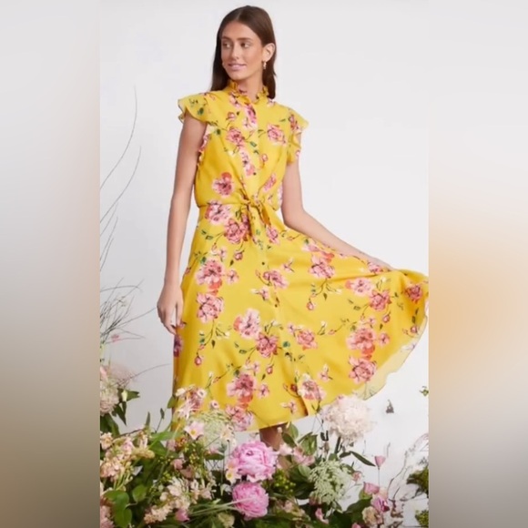 Julia Jordan midi yellow floral dress with ruffle collar - Picture 2 of 9